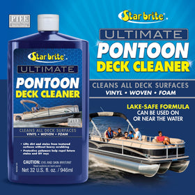 Applying STAR BRITE cleaner to woven pontoon carpet demonstrating stain-lift benefit