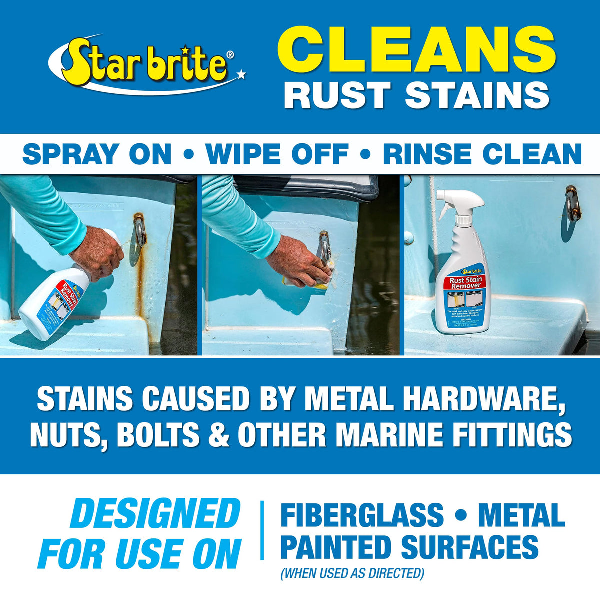 STAR BRITE spray applied on boat hull removing rust for faster cleanup