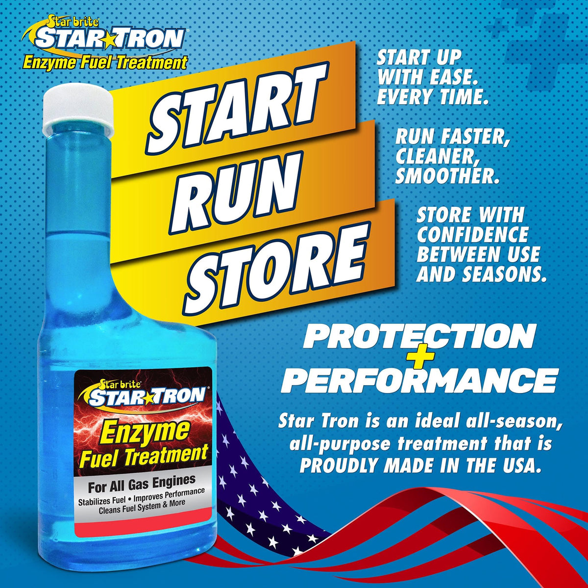 STAR BRITE bottle pouring treatment into fuel tank demonstrating simple application