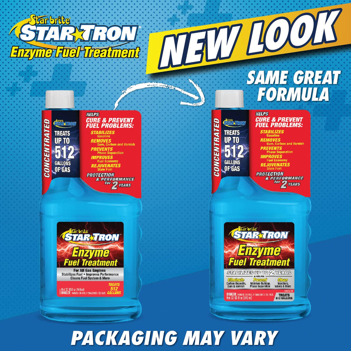 STAR BRITE Star Tron bottle beside storage gear showing long-term fuel stabilization