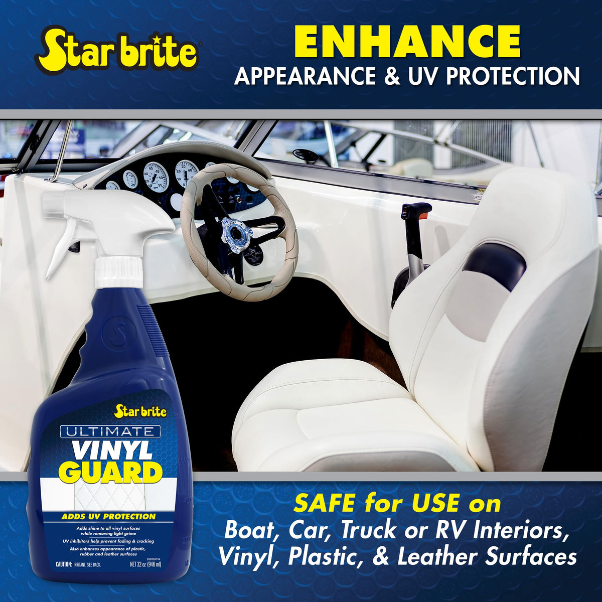 STAR BRITE treating boat seat in sunlight, demonstrates UV protection and renewed appearance
