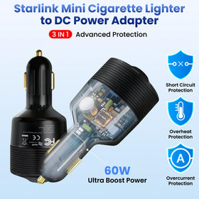 STARGEAR adapter inserted in vehicle socket enabling mobile Starlink use