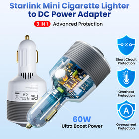 STARGEAR adapter plugged into car socket powering Starlink Mini on road