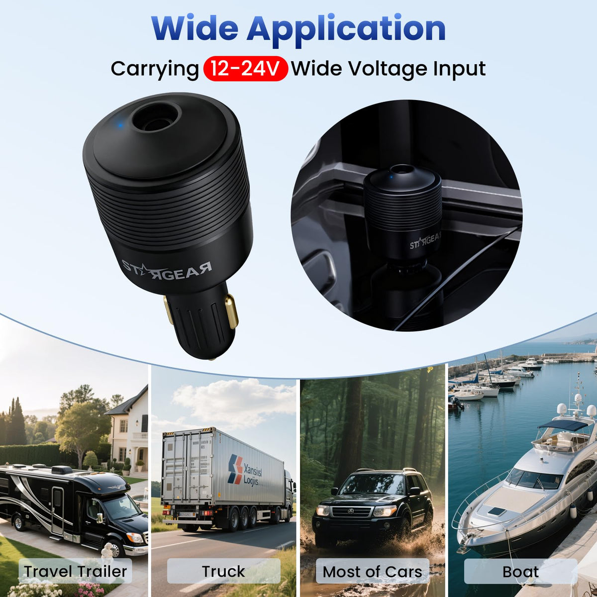 STARGEAR adapter powering Starlink on RV roof for off-grid connectivity