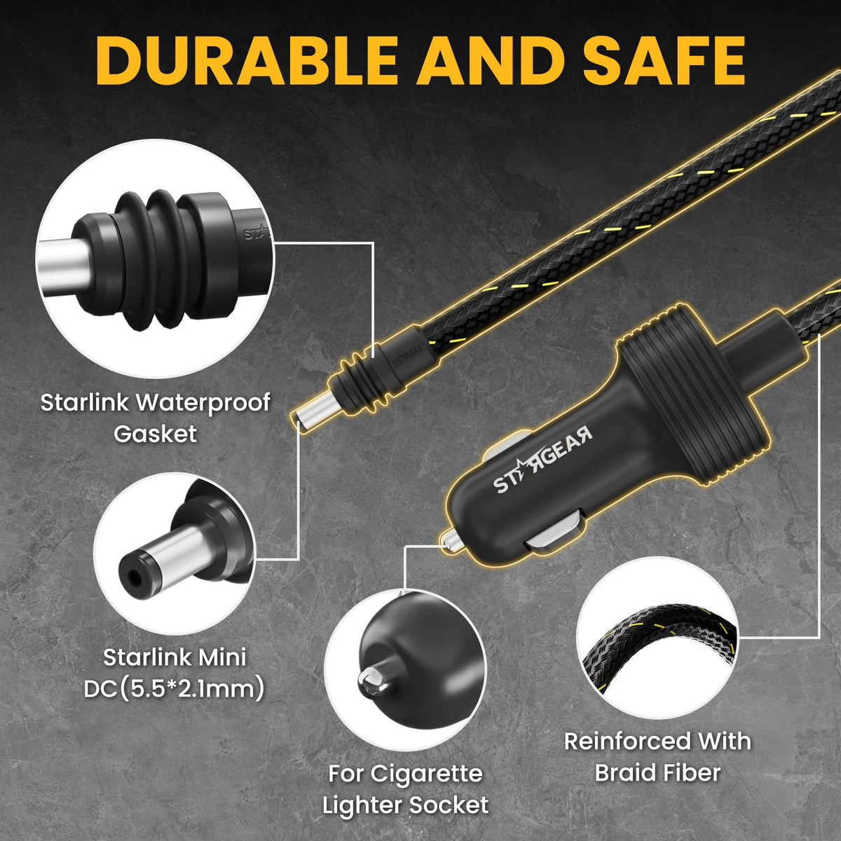 STARGEAR cigarette lighter plug with integrated fuse showing vehicle-ready safety feature