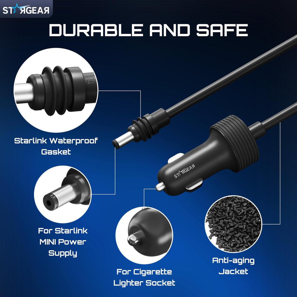 STARGEAR cable powering Starlink Mini on vehicle roof for mobile internet