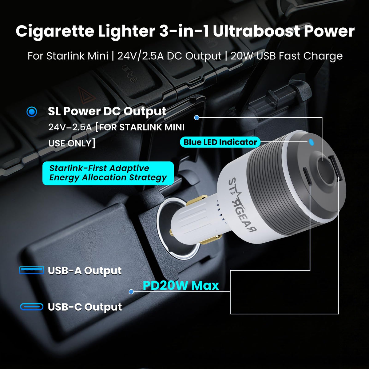 STARGEAR USB ports detail demonstrating dual charging capability for devices