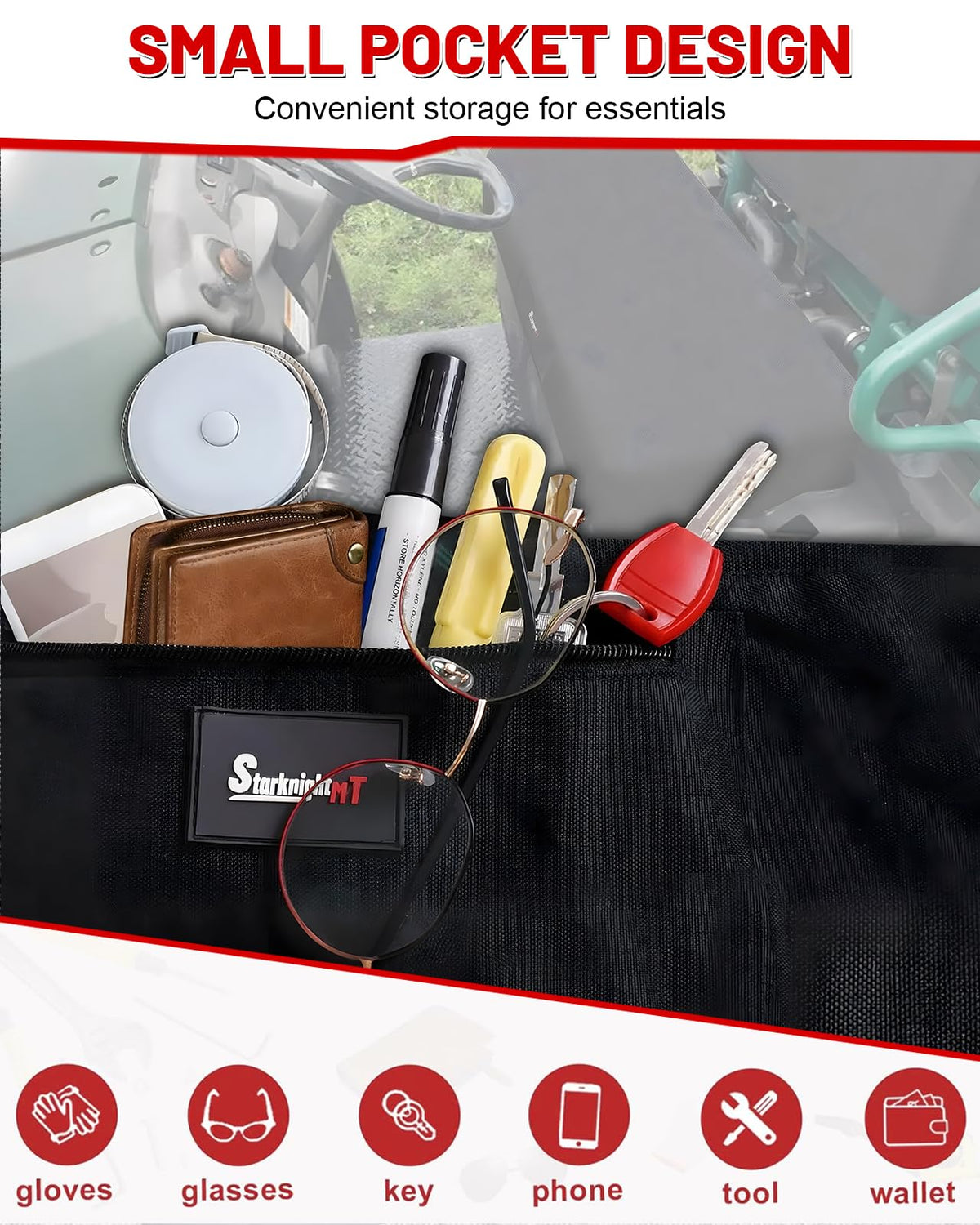 StarknightMT front pocket with phone and keys for convenient storage