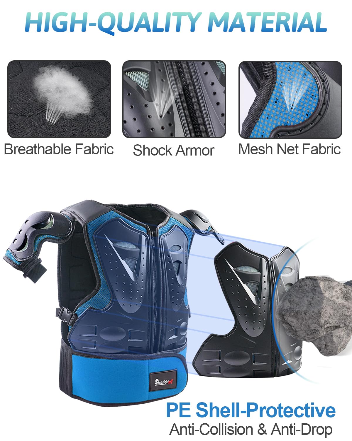 StarknightMT knee and elbow pad details showing adjustable straps and secure fit benefit
