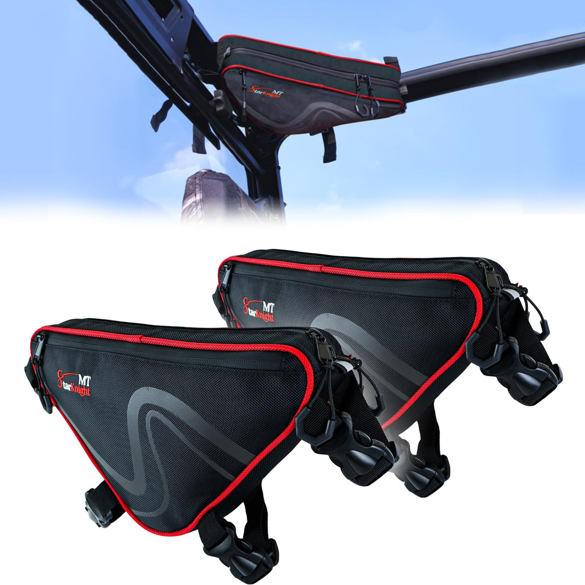 StarknightMT roll bar bag front view showing compact triangle storage benefit