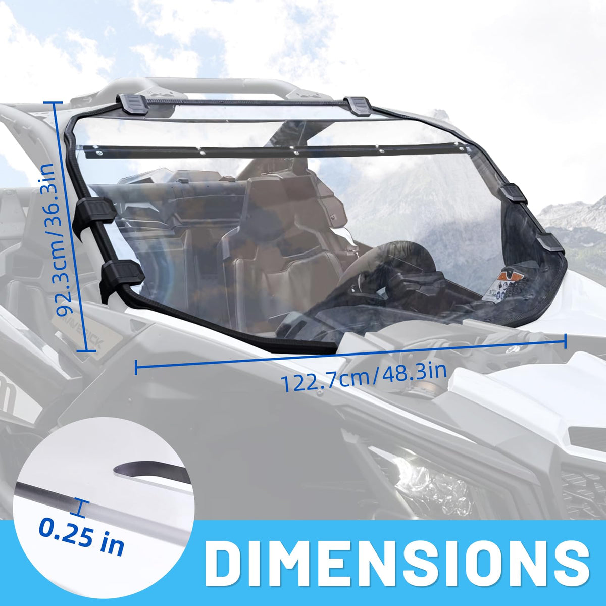 StarknightMT windshield beside a helmet for scale to show exact sizing
