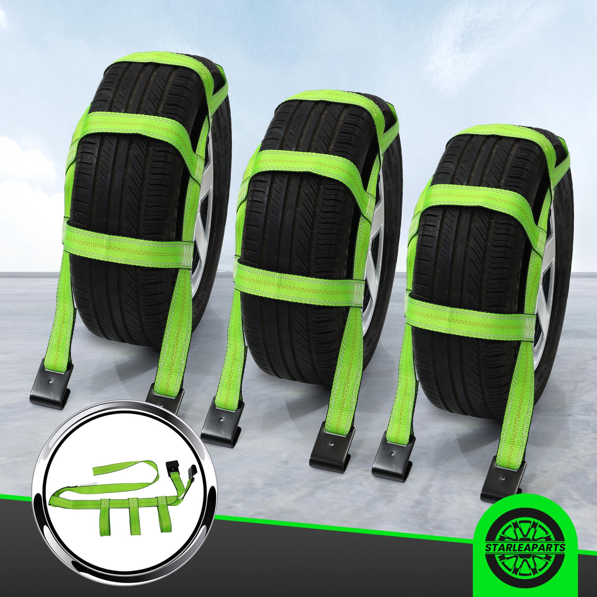 STARLEAPARTS straps alongside 14" and 17" tires for scale, verifies fit range