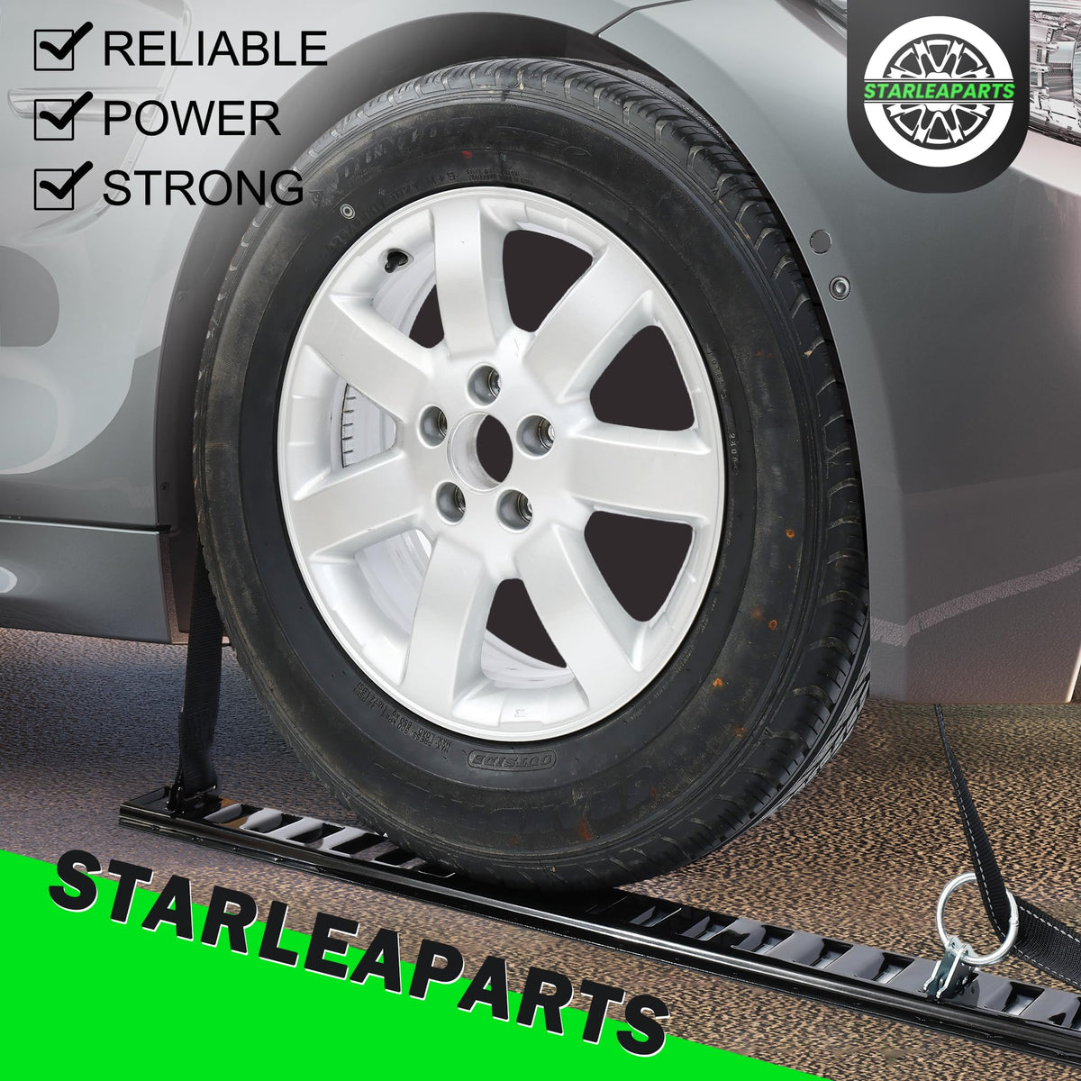 STARLEAPARTS E Track with ratchet strap attached illustrating heavy-duty load control