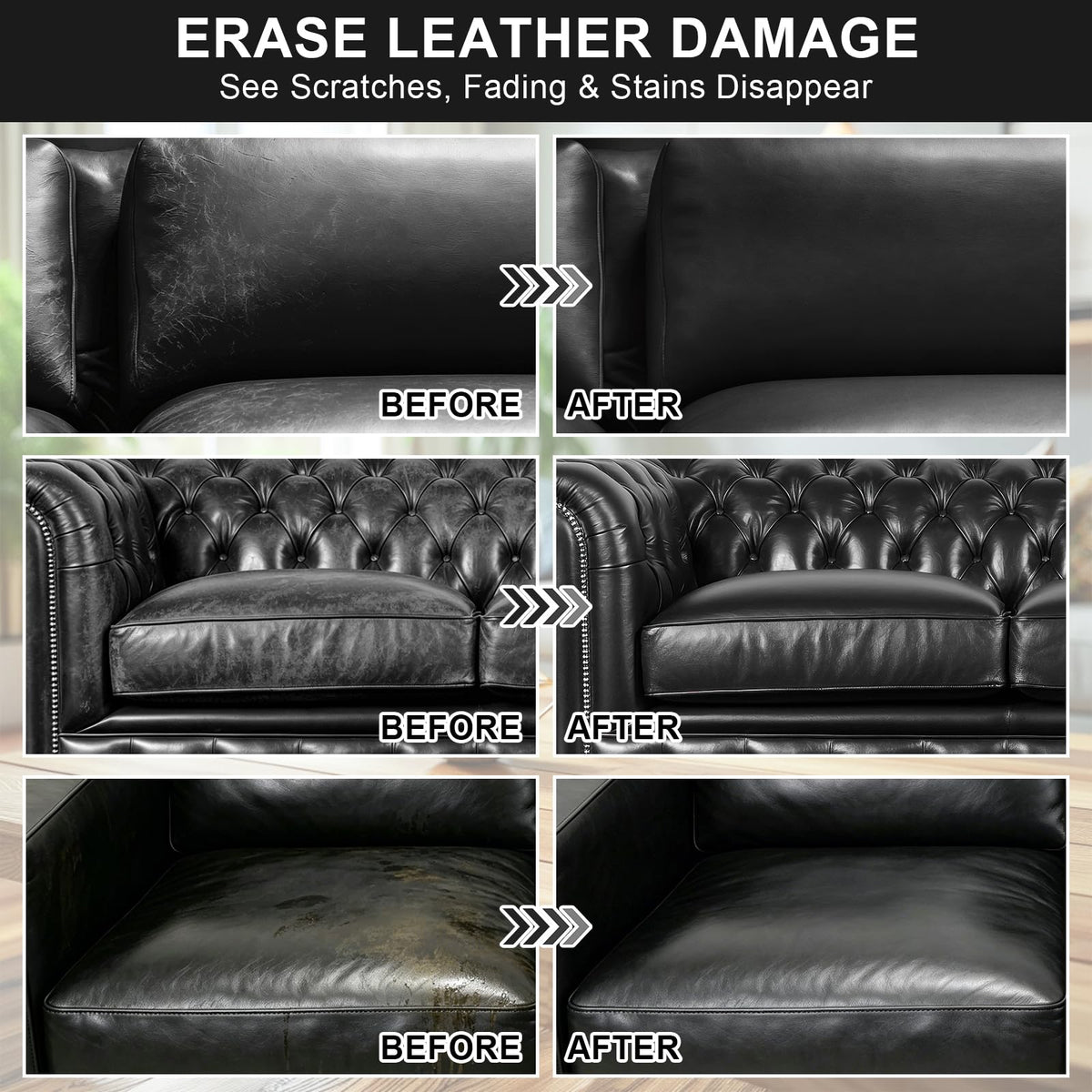 STARTSO WORLD split before and after sofa showing restored black color