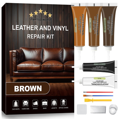 STARTSO WORLD front packaging showing brown leather repair kit and benefits