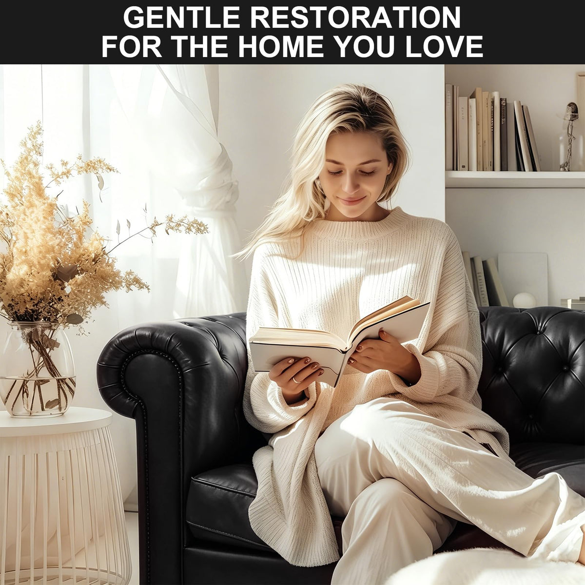 STARTSO WORLD hands touching restored leather couch showing renewed softness