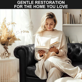 STARTSO WORLD hands touching restored leather couch showing renewed softness