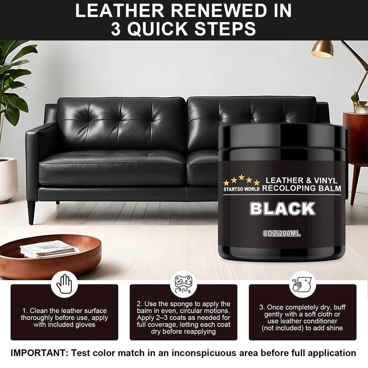 STARTSO WORLD restored leather couch in living room showing refreshed look