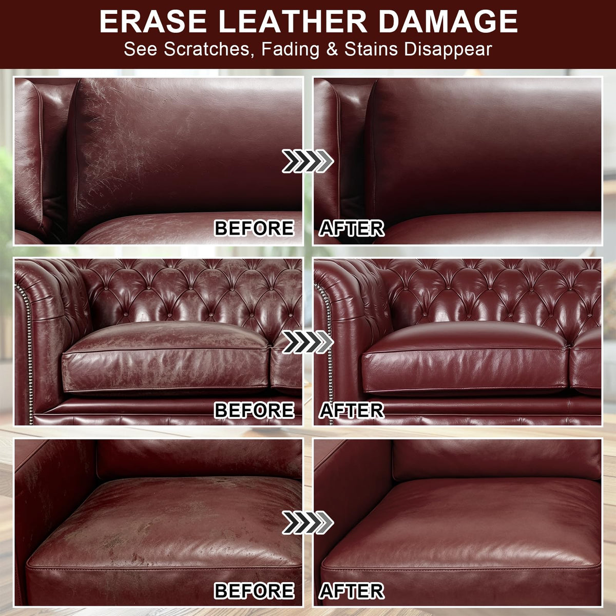 STARTSO WORLD side-by-side before and after sofa, highlights restored maroon color