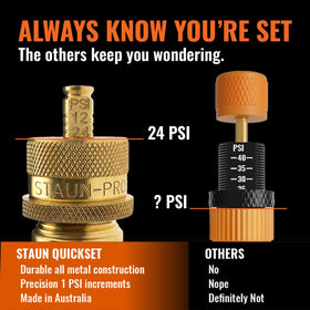 Staun attached to truck tyre valve for quick, automatic pressure release
