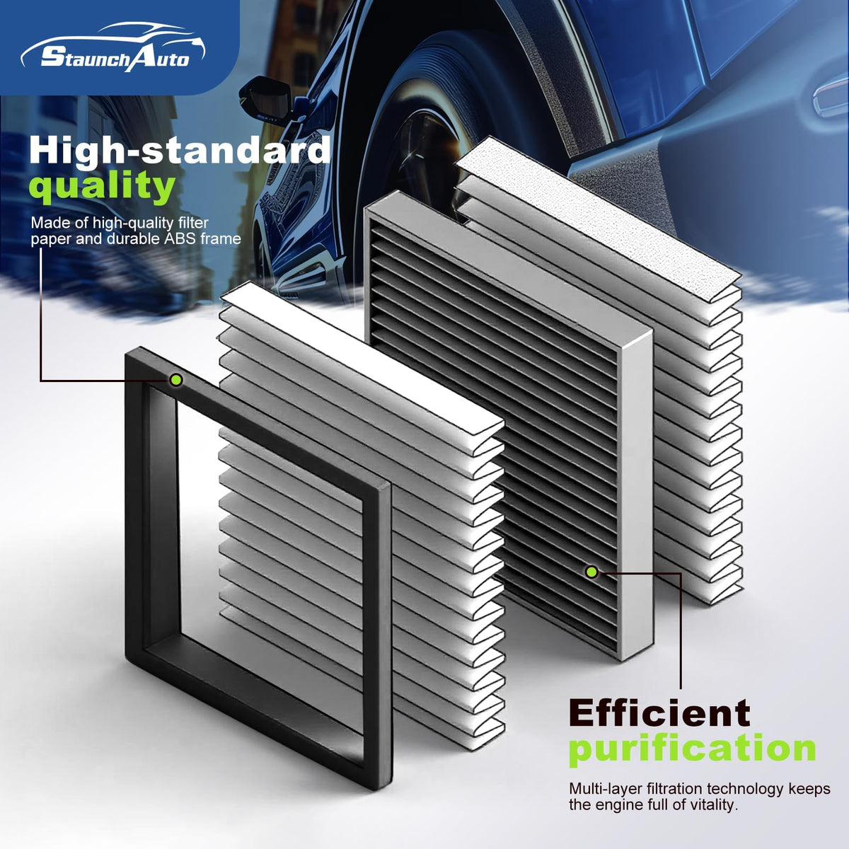 StaunchAuto cabin filter showing coconut-shell activated carbon layer to reduce odors