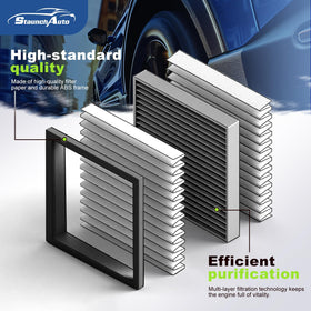 StaunchAuto cabin filter cross-section highlighting coconut-shell activated carbon for odor control