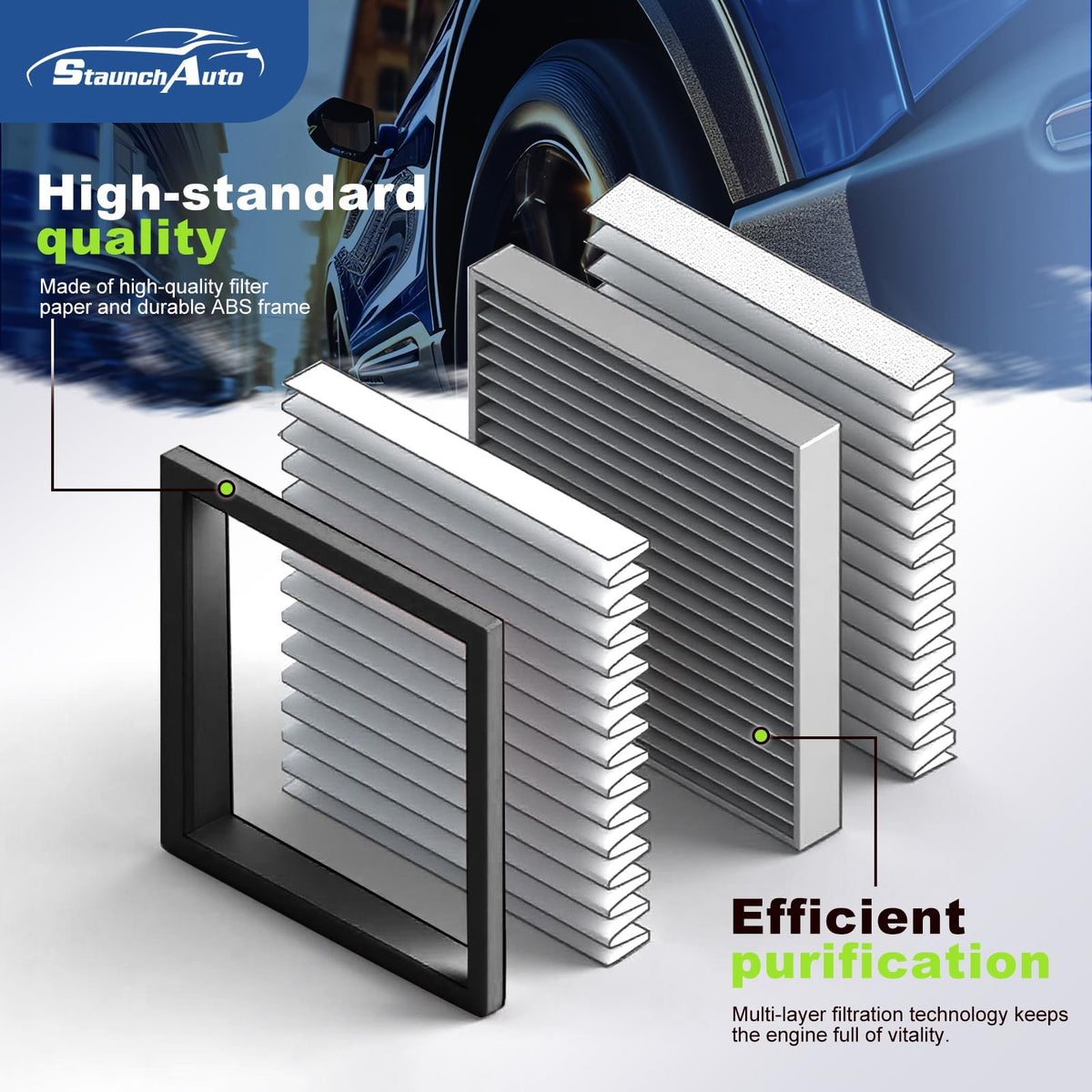 StaunchAuto cabin filter close-up showing activated carbon layer for odor reduction