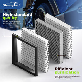 StaunchAuto cabin filter close-up showing activated carbon layer for odor reduction benefit