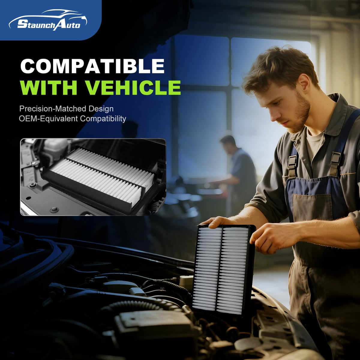 StaunchAuto cabin filter shown in glovebox area ready for quick replacement, improves cabin air
