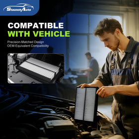 StaunchAuto cabin filter shown in glovebox area ready for quick replacement, improves cabin air