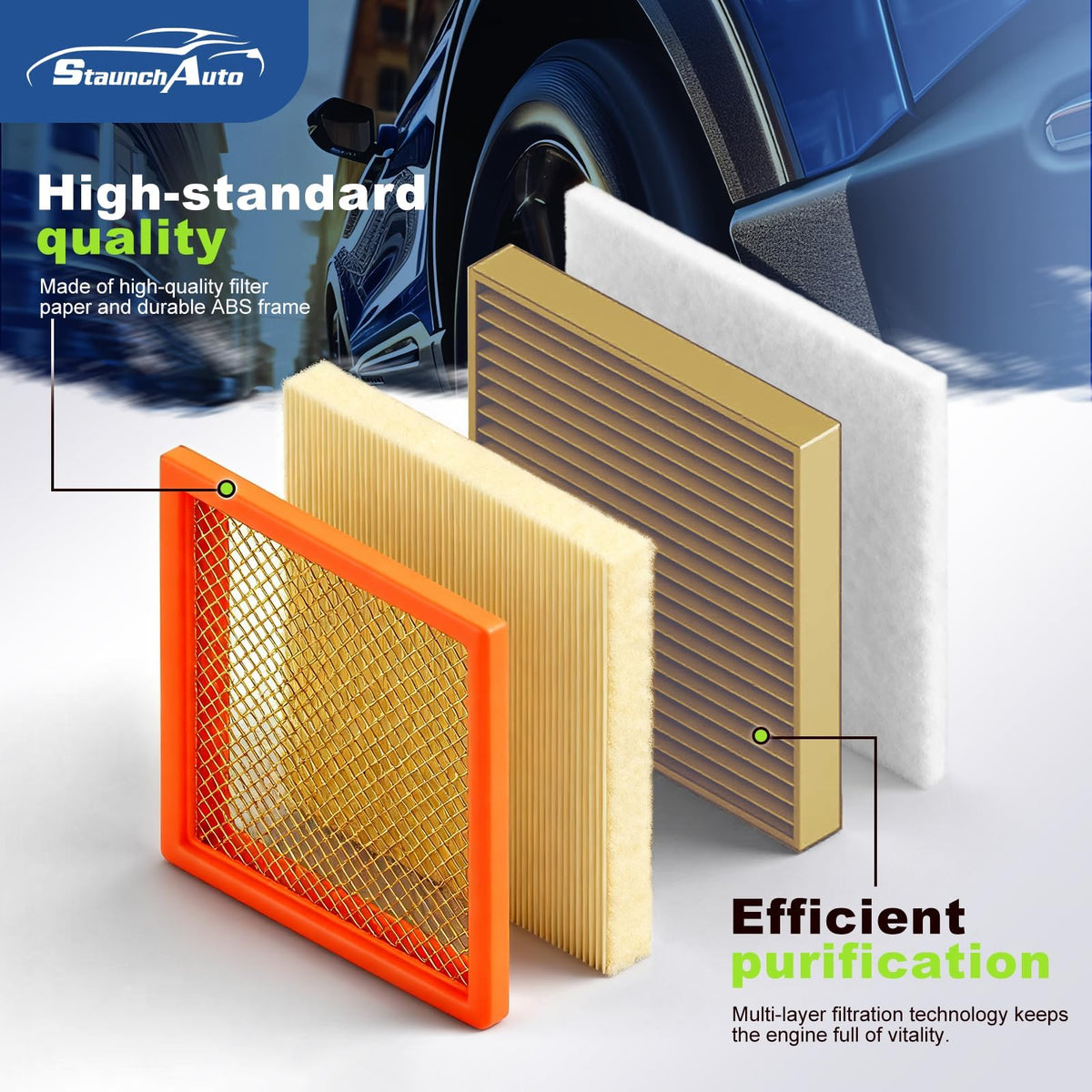 StaunchAuto engine filter close-up of filter media, trapping dust for longer engine life