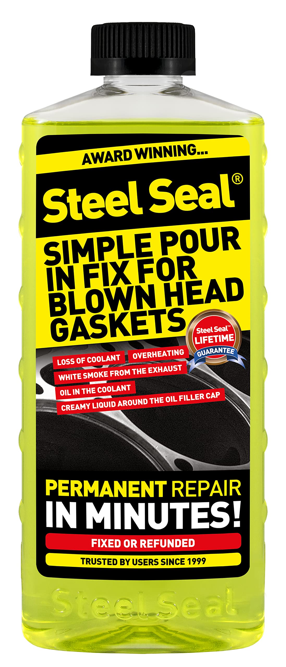 STEEL SEAL front bottle view showing product label and pour cap for easy DIY repairs