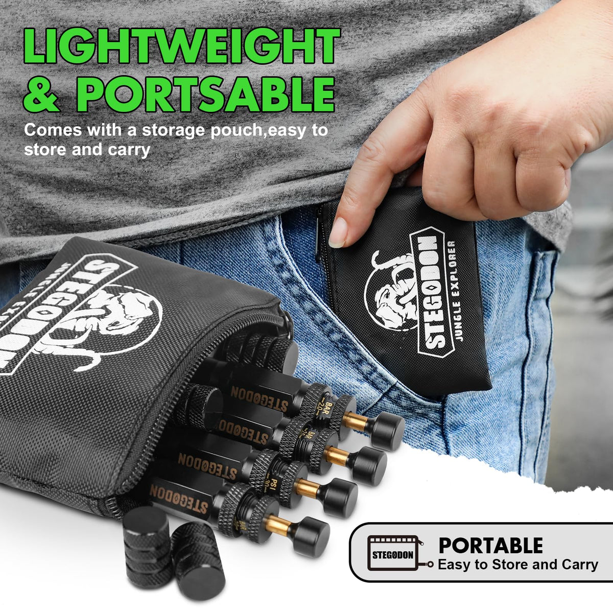 STEGODON compact storage pouch held in hand for easy transport
