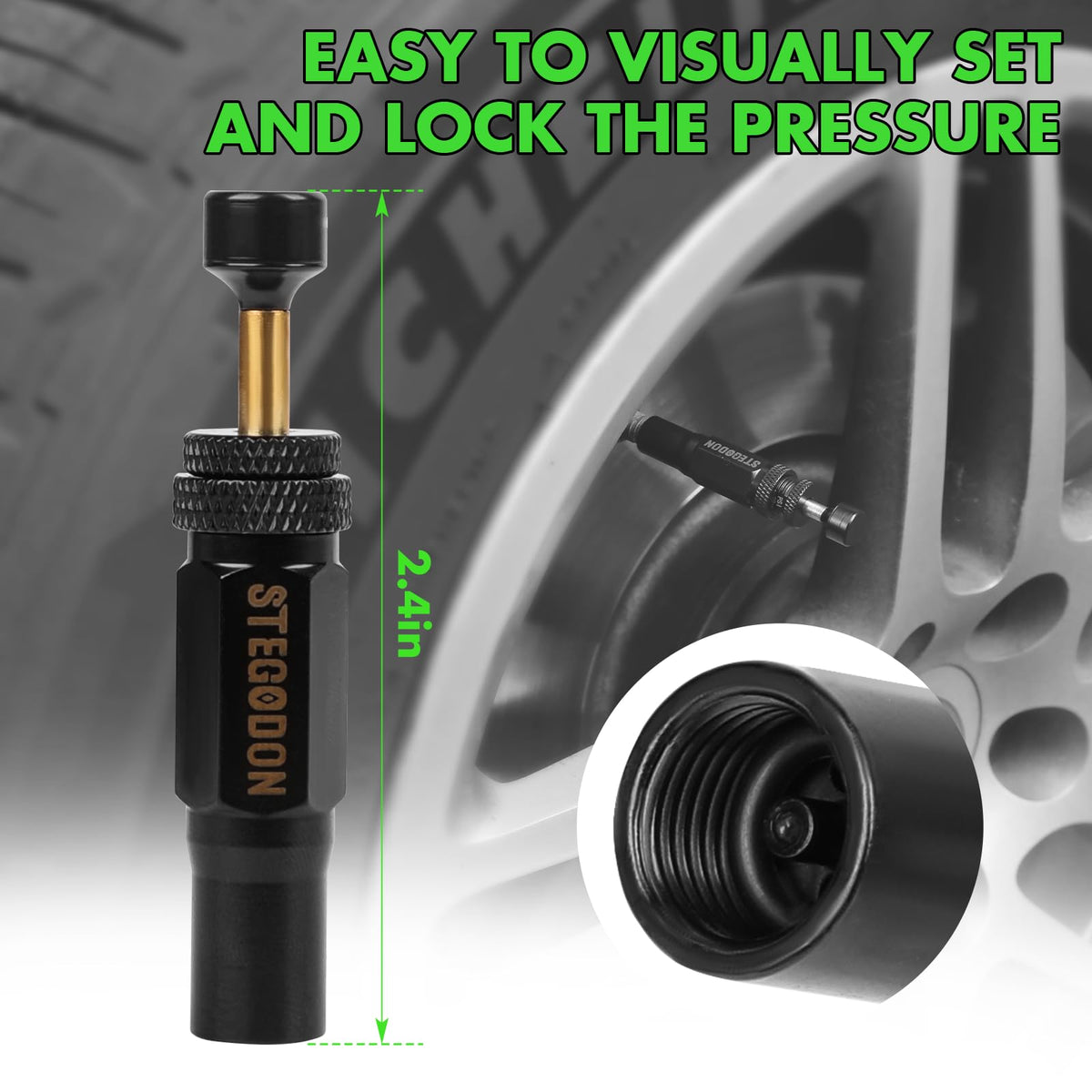 STEGODON deflator attached to a Schrader valve for fast air-down