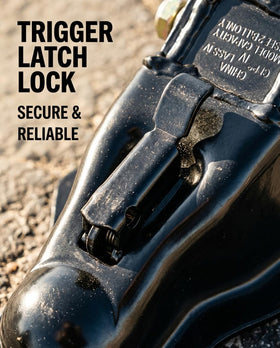 Stegewop trigger latch close-up showing quick audible lock benefit