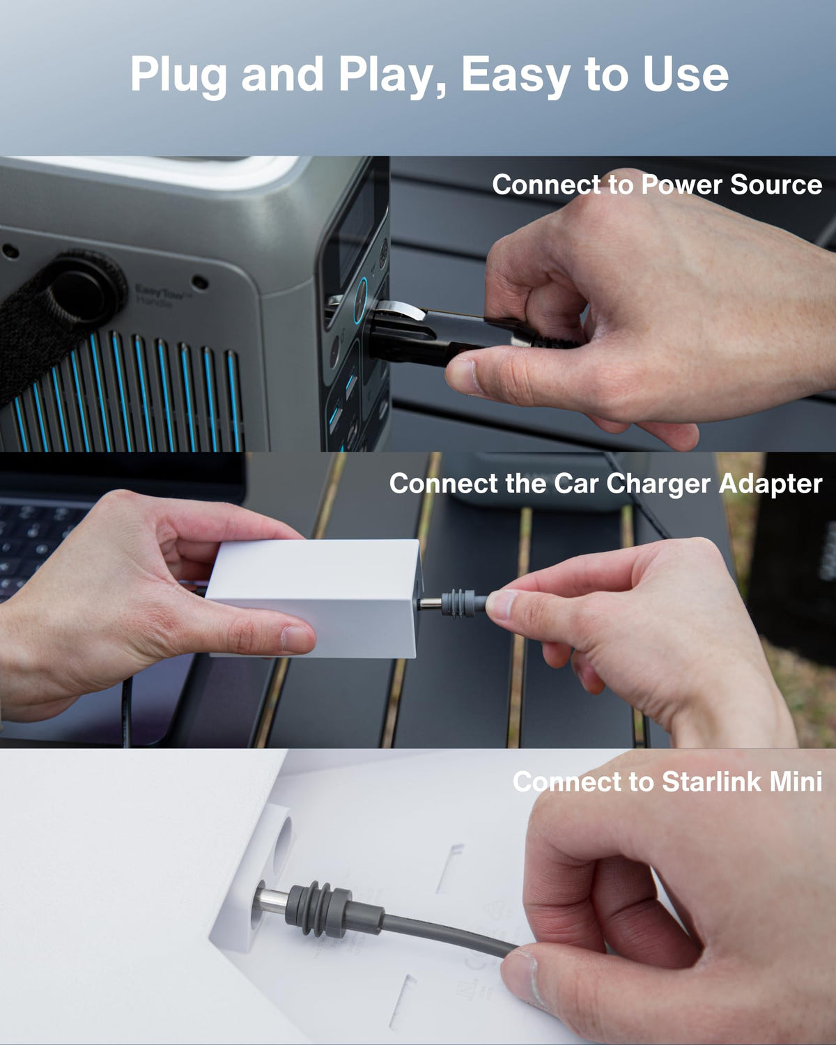 Steinwhale adapter plugged into car cigarette lighter powering Starlink Mini on road