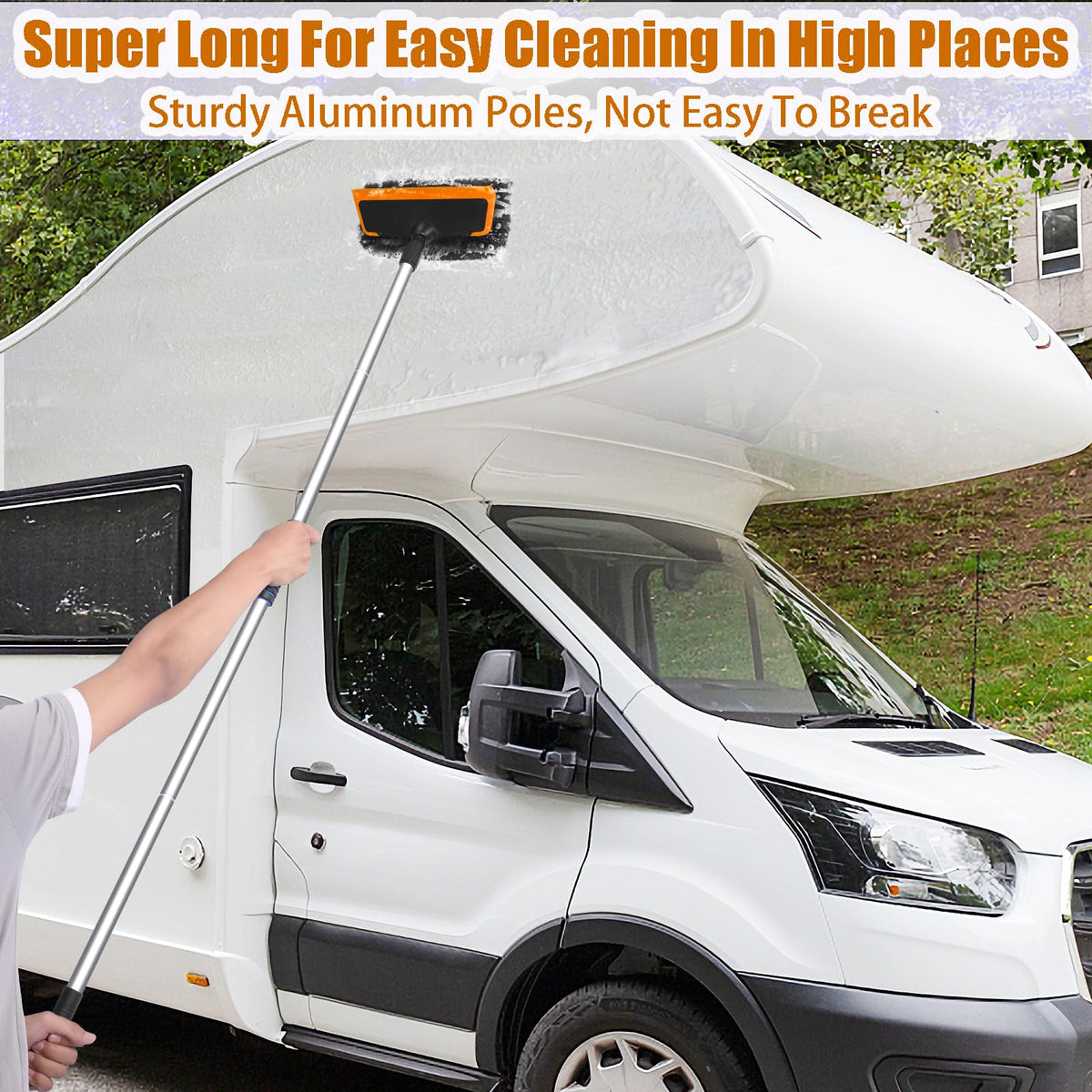 Stemni brush extended to 62 inches reaching RV roof for safer high-reach washing