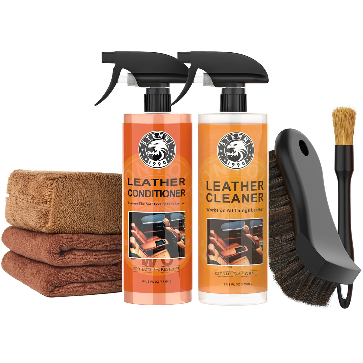 Stemni front packaging showing full 6-piece leather care kit and benefits