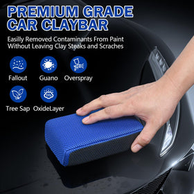 Stemni mitt in use on car hood demonstrating faster contaminant removal
