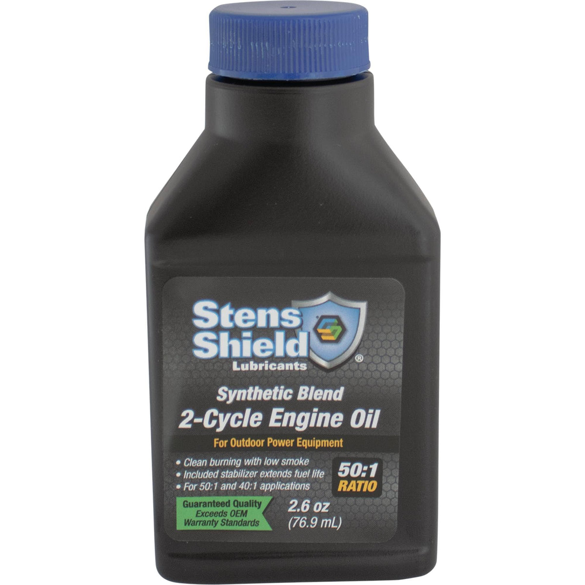 Stens close-up of bottle label highlighting JASO FD certification and clean-burn benefits