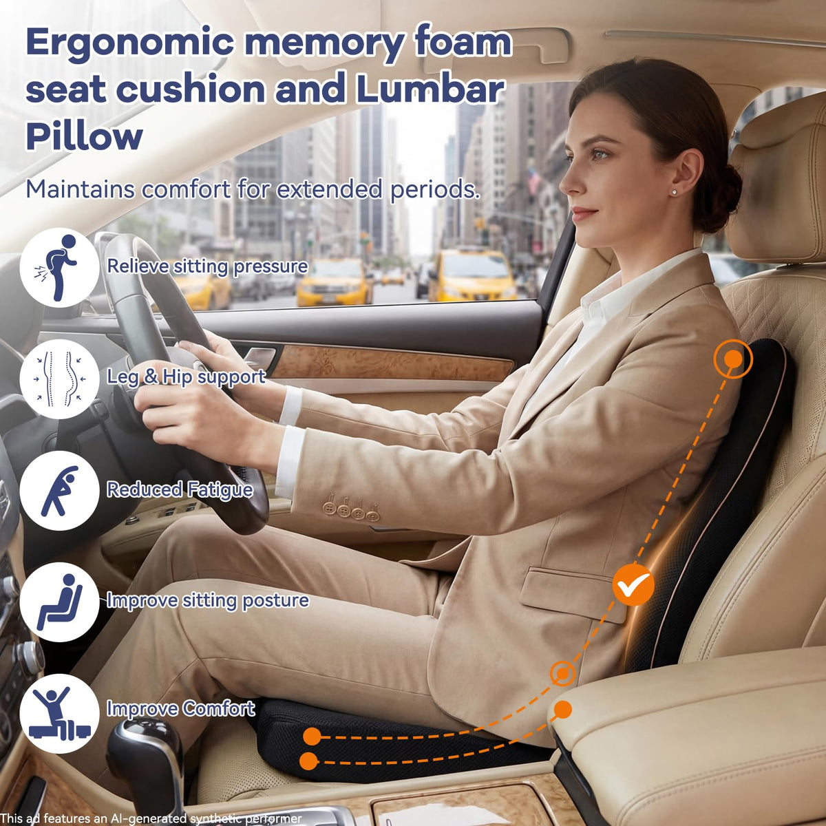 Stepxi cushion installed in a sedan seat demonstrating in-car fit and stability