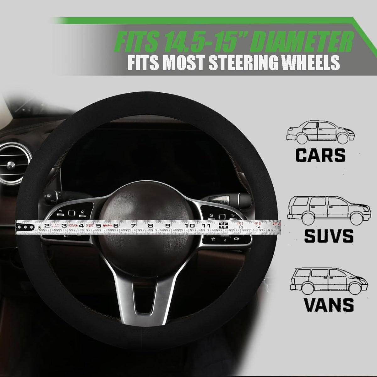 SthExtra cover next to ruler showing fit for 14.5–15 inch wheels