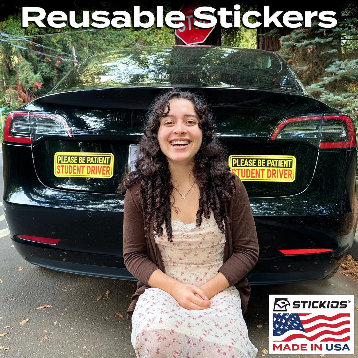 Stickios decal applied on car bumper demonstrating clear visibility and road safety benefit