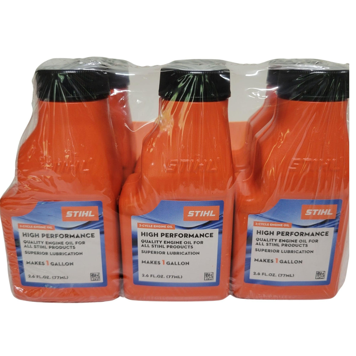 STIHL bottle label close-up highlighting high-performance 2-cycle formula benefits