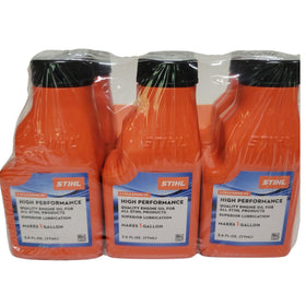 STIHL bottle label close-up highlighting high-performance 2-cycle formula benefits