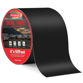 STIKBOND front packaging of 4 inch black sealant tape, shows product and benefit