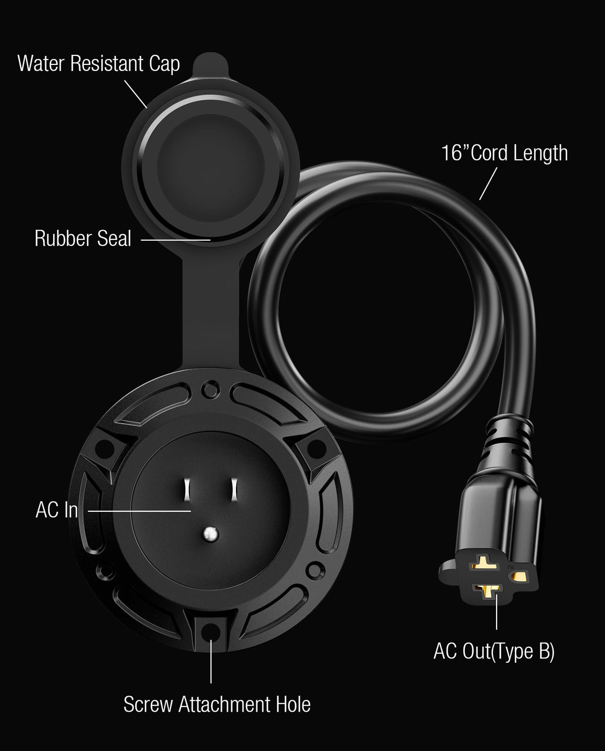 stio 16-inch extension cord detail highlighting heavy-duty 12 AWG conductivity