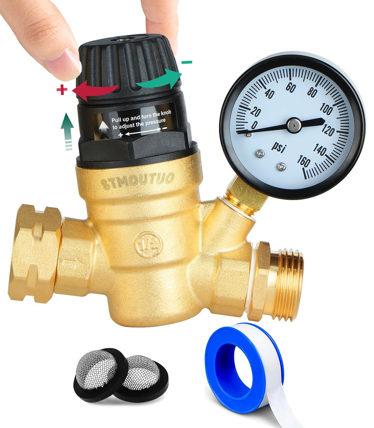 STMOUTUO front view showing regulator body and durable lead-free brass benefit