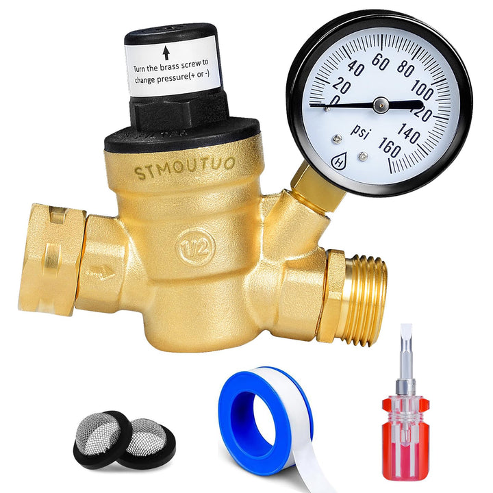 STMOUTUO regulator front view showing threads and compact design, protects plumbing