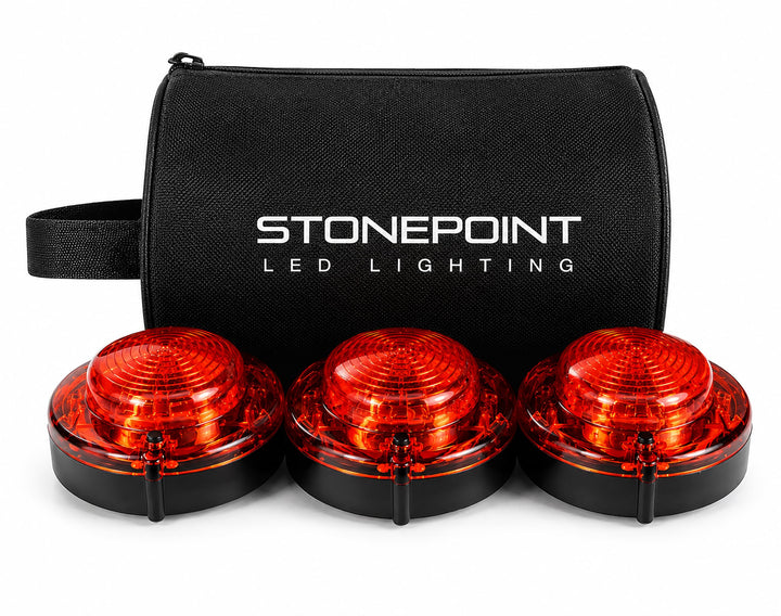 StonePoint LED front packaging view showing three beacons and storage bags for quick safety